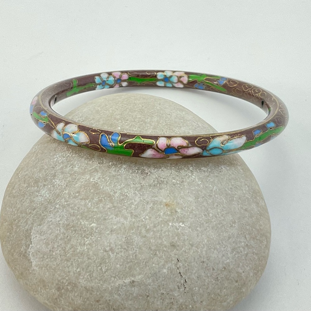 Vintage, Cloisonne Enamel Bangle Bracelet, Brown, Floral, BoHo, Festival